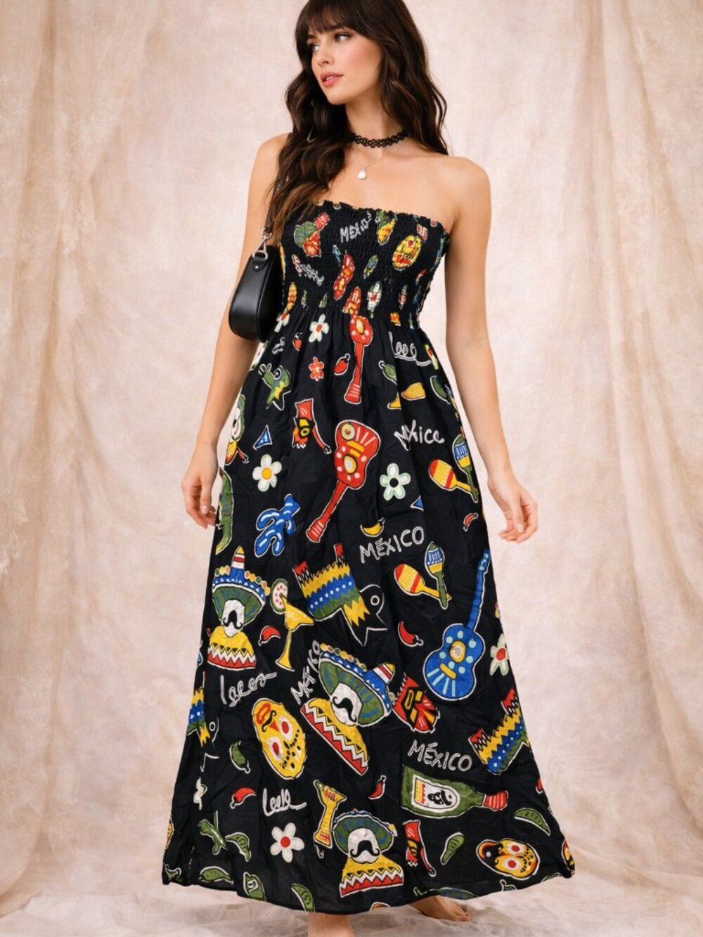 Strapless Smocked‎ Maxi Dress Novelty Print Mexico Boho Festival Eclectic Cruise